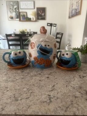 Sesame Street Cookie Monster Blue and White Ceramic Cookie Jar and Mugs Set